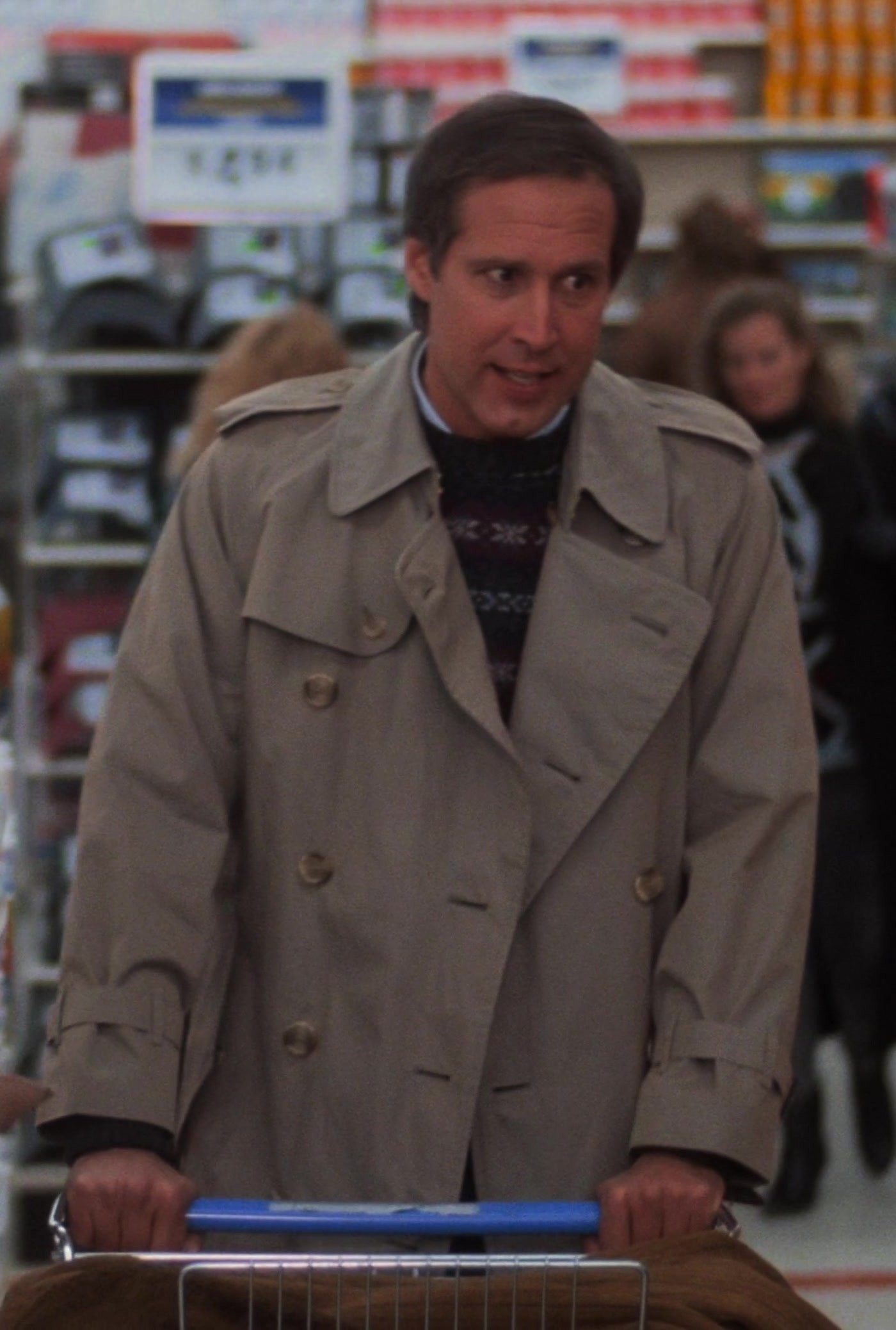 Worn on National Lampoon's Christmas Vacation (1989) Movie - Classic Double-Breasted Trench Coat of Chevy Chase as Clark W. "Sparky" Griswold Jr.