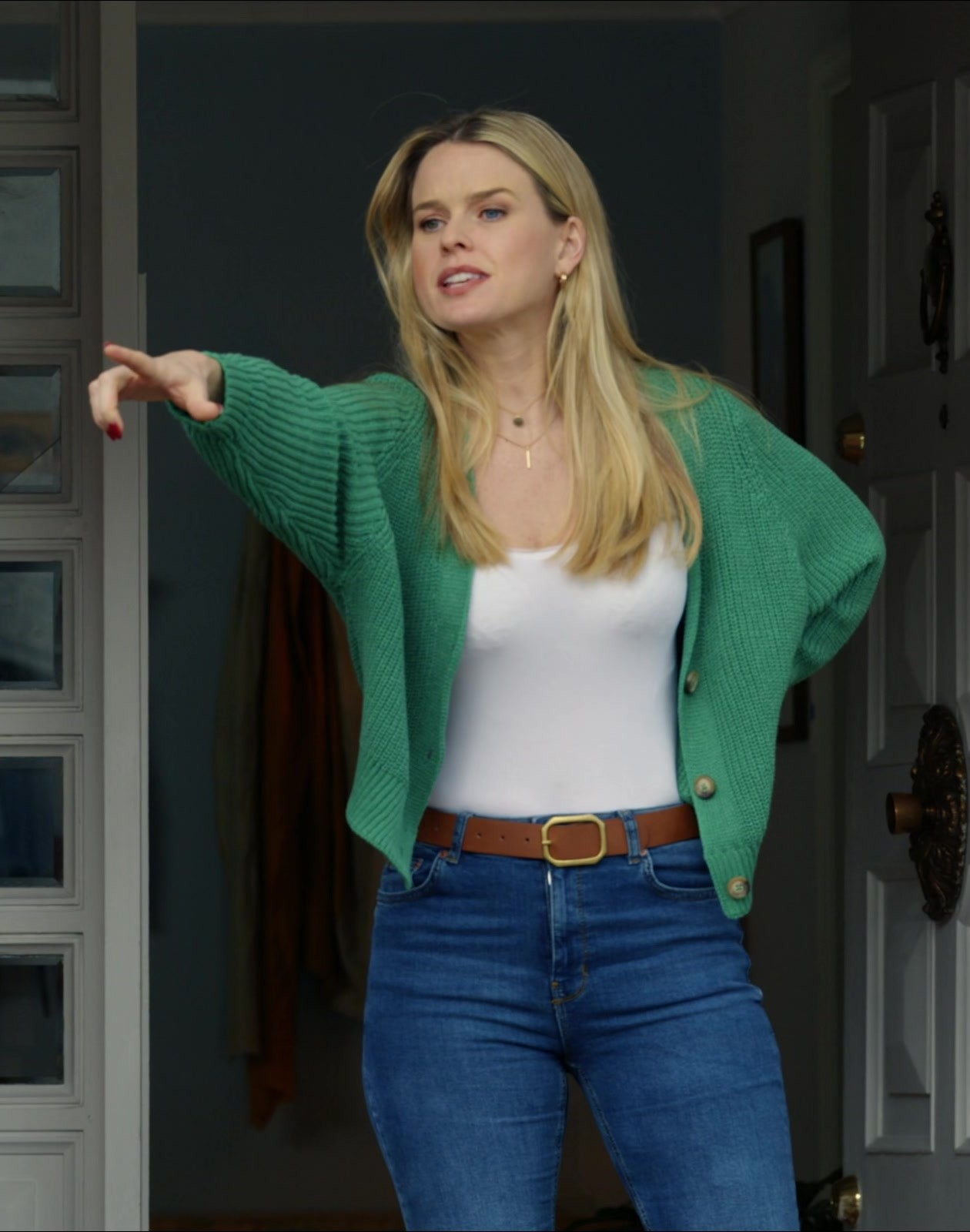 Worn on Freelance (2023) Movie - Green Knit Cardigan Worn by Alice Eve as Jenny Pettits