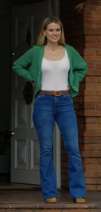 Worn on Freelance (2023) Movie - High-Waisted Flare Leg Blue Jeans of Alice Eve as Jenny Pettits