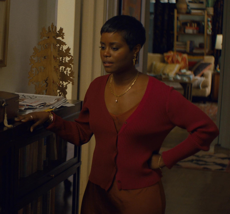 Red Ribbed Button-Up Cardigan Worn by Denée Benton as Julie from Genie (2023) Movie
