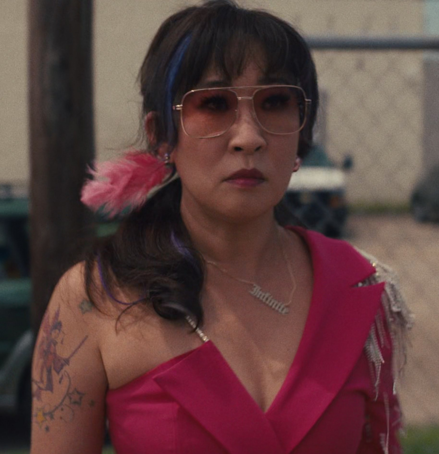 Vintage Oversized Square Tinted Rose Gold Sunglasses Worn by Sandra Oh as Jenny Yum from Quiz Lady (2023) Movie