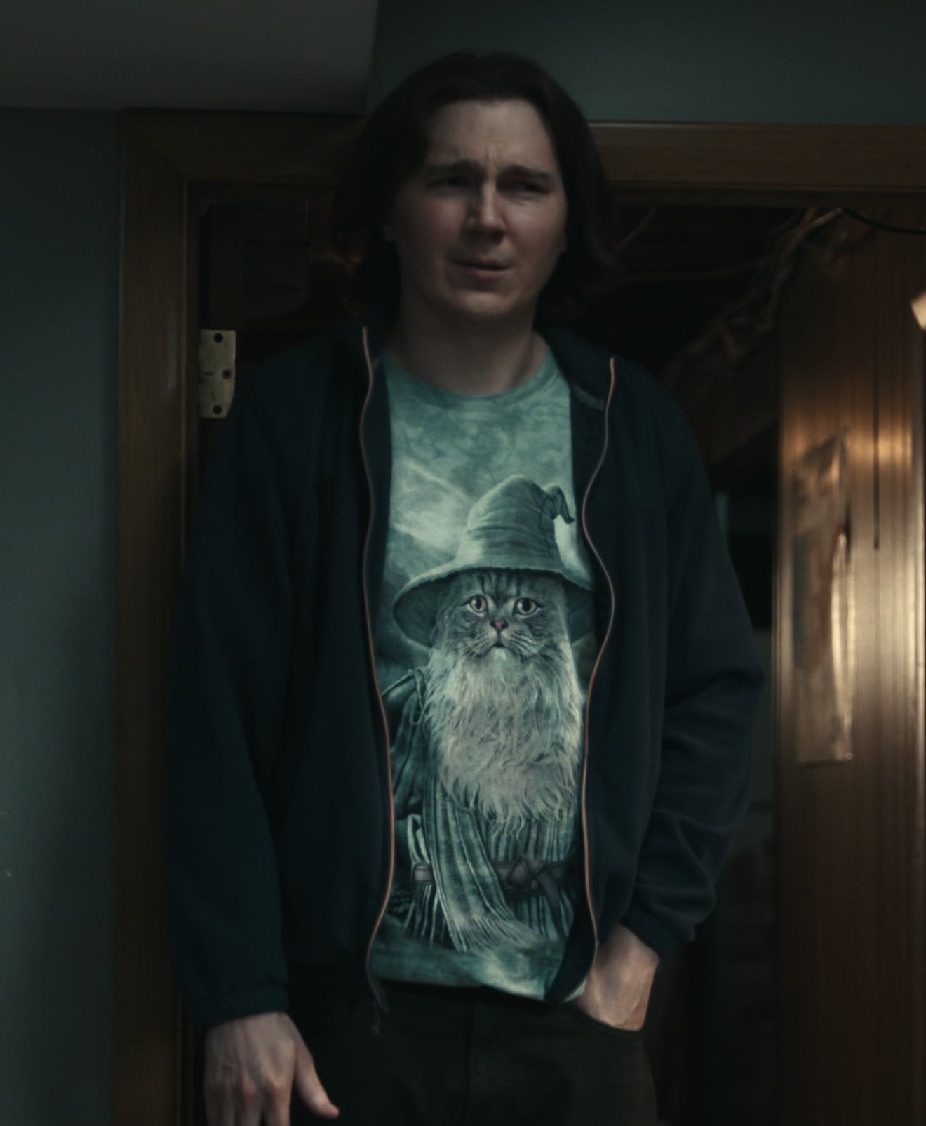 Worn on Dumb Money (2023) Movie - Catdalf - Cat Gandalf T-Shirt Worn by Paul Dano as Keith Gill