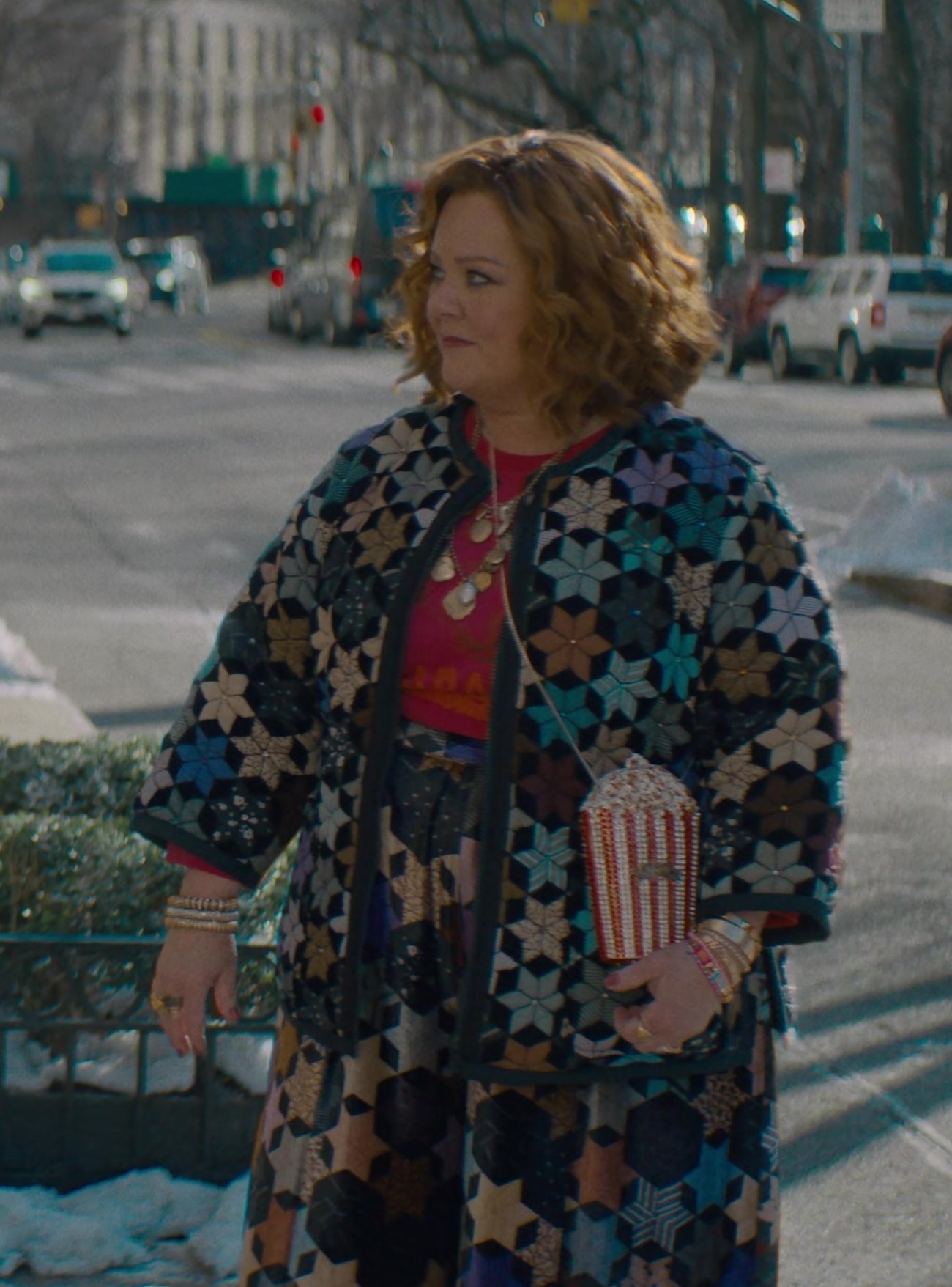 Worn on Genie (2023) Movie - Geometric Floral Pattern Quilted Jacket Worn by Melissa McCarthy as Flora