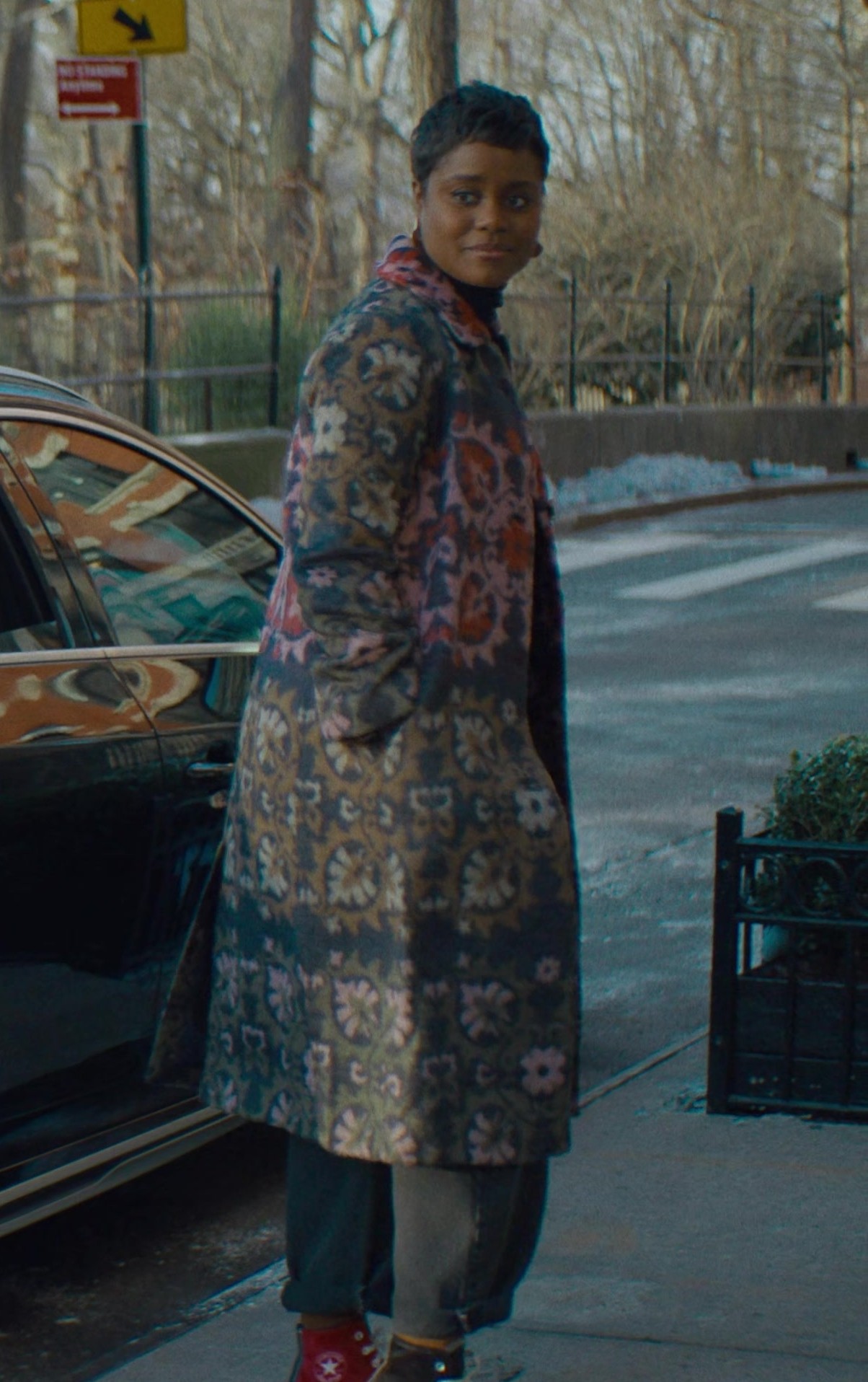 Worn on Genie (2023) Movie - Floral Tapestry Wool Coat of Denée Benton as Julie