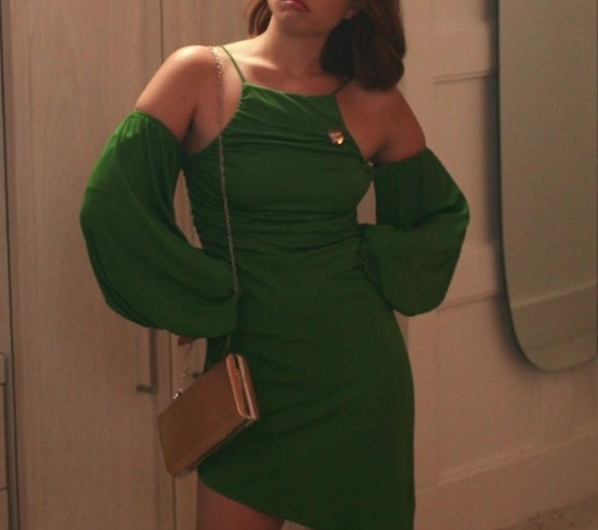 Emerald Green Off-Shoulder Mini Dress with Gathered Detail Worn by Piper Curda as Gia