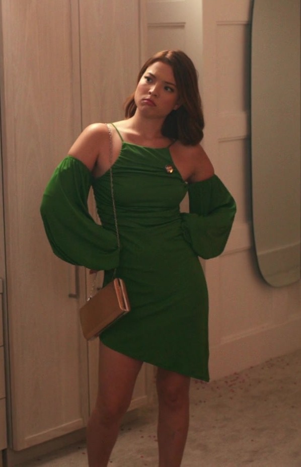 emerald green off-shoulder mini dress with gathered detail - Piper Curda (Gia) - Back on the Strip (2023) Movie