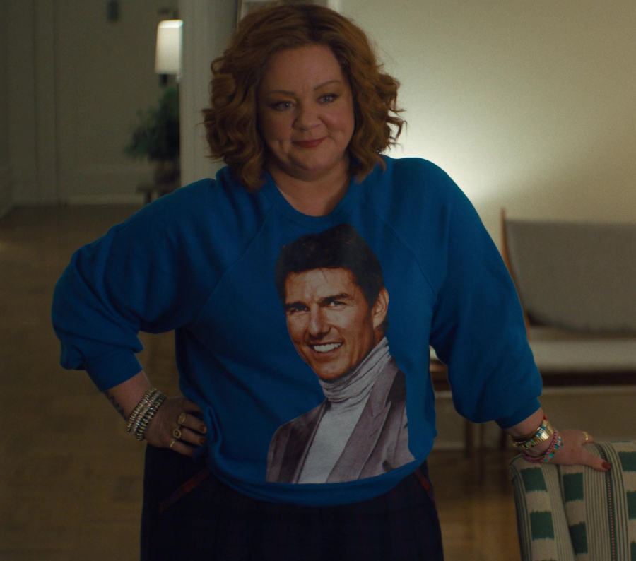 Blue Crewneck Sweatshirt with Tom Cruise Graphic Print Worn by Melissa McCarthy as Flora from Genie (2023) Movie