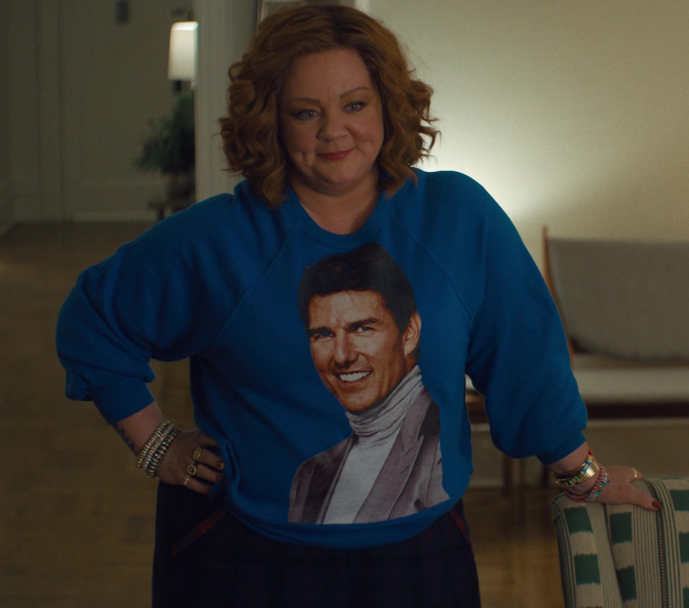 Worn on Genie (2023) Movie - Blue Crewneck Sweatshirt with Tom Cruise Graphic Print Worn by Melissa McCarthy as Flora
