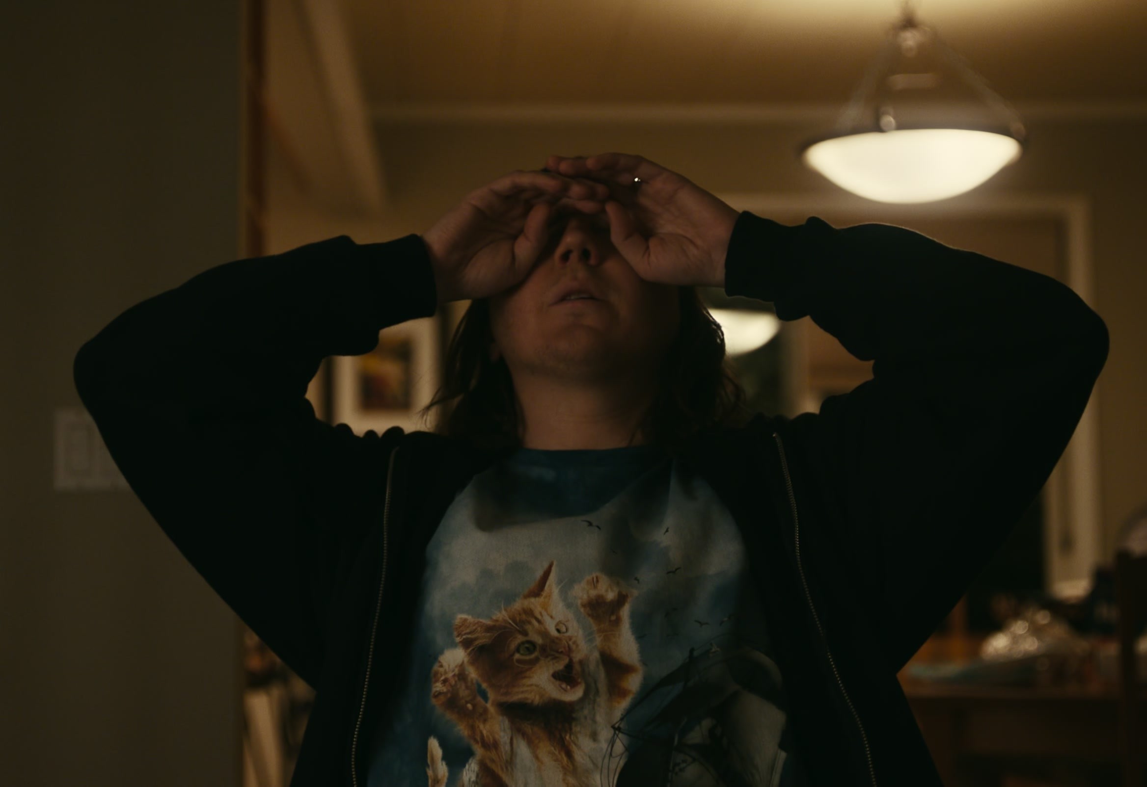 Worn on Dumb Money (2023) Movie - Paws Up Cat T-Shirt of Paul Dano as Keith Gill