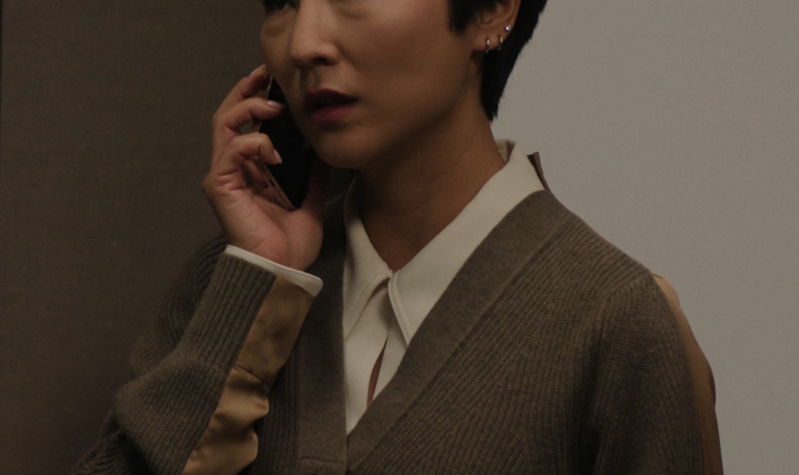Button-Front Cardigan of Greta Lee as Stella Bak
