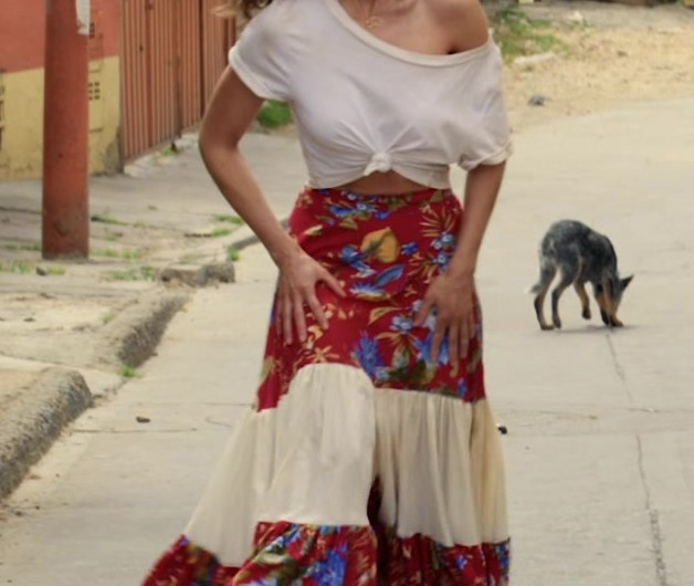 Red Floral High-Waisted Maxi Skirt of Alison Brie as Claire Wellington