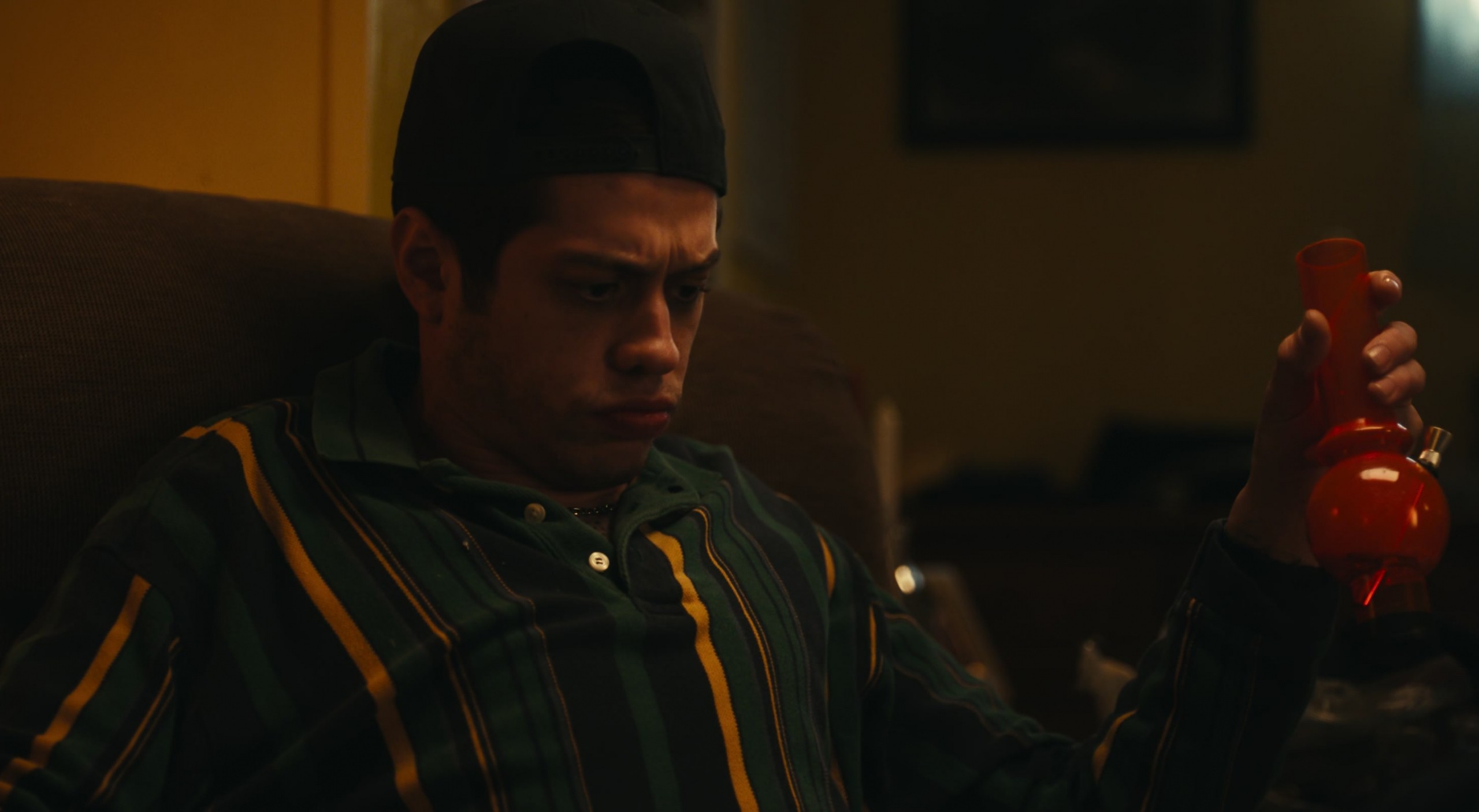 Worn on Dumb Money (2023) Movie - Long-Sleeve Shirt in Green with Yellow and Navy Stripes Worn by Pete Davidson as Kevin Gill
