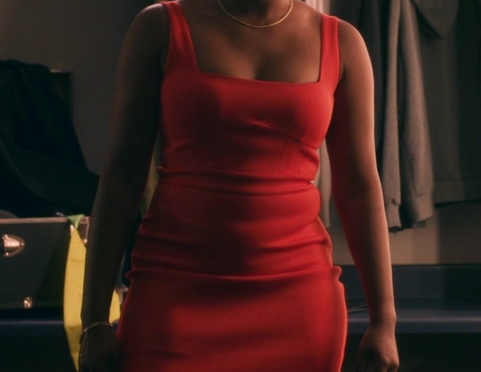 Classic Red Bodycon Midi Dress with Square Neckline Worn by Tiffany Haddish as Verna