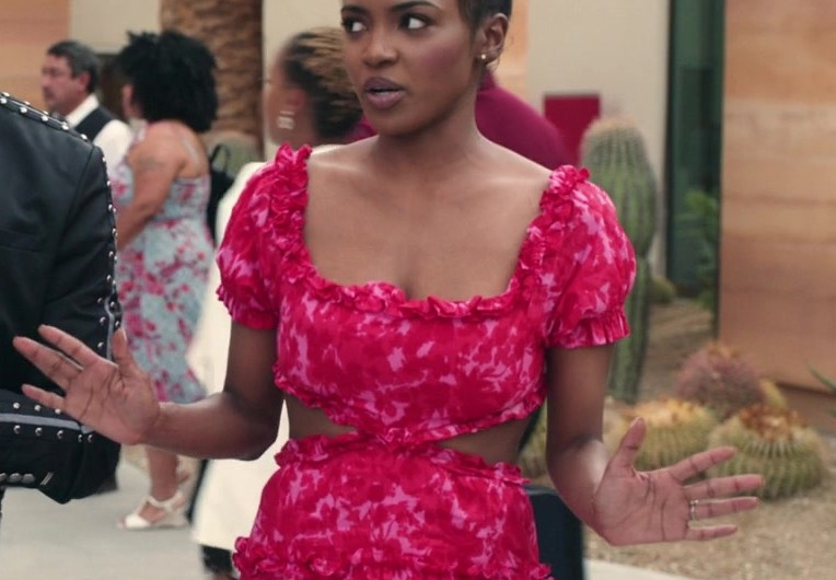 Vibrant Red Floral Print Ruffled Mini Dress Worn by Raigan Harris as Robin