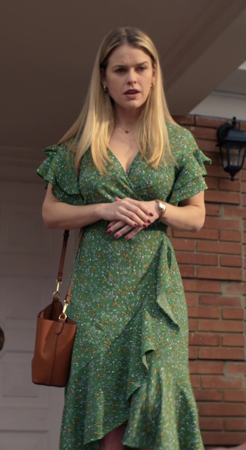 Worn on Freelance (2023) Movie - Green Floral Print Wrap Midi Dress of Alice Eve as Jenny Pettits