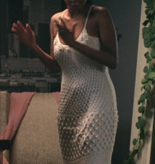 Crochet Knit Halter Neck Maxi Dress Worn by Raigan Harris as Robin