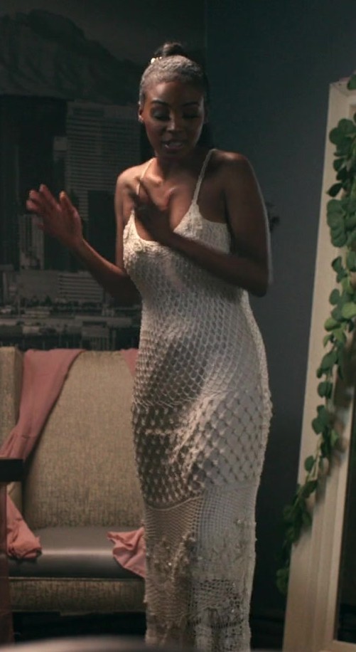 Crochet Knit Halter Neck Maxi Dress Worn by Raigan Harris as Robin from Back on the Strip (2023) Movie
