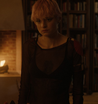 Worn on A Murder at the End of the World TV Show - Long Sleeve Mesh Crop Top Worn by Emma Corrin as Darby Hart