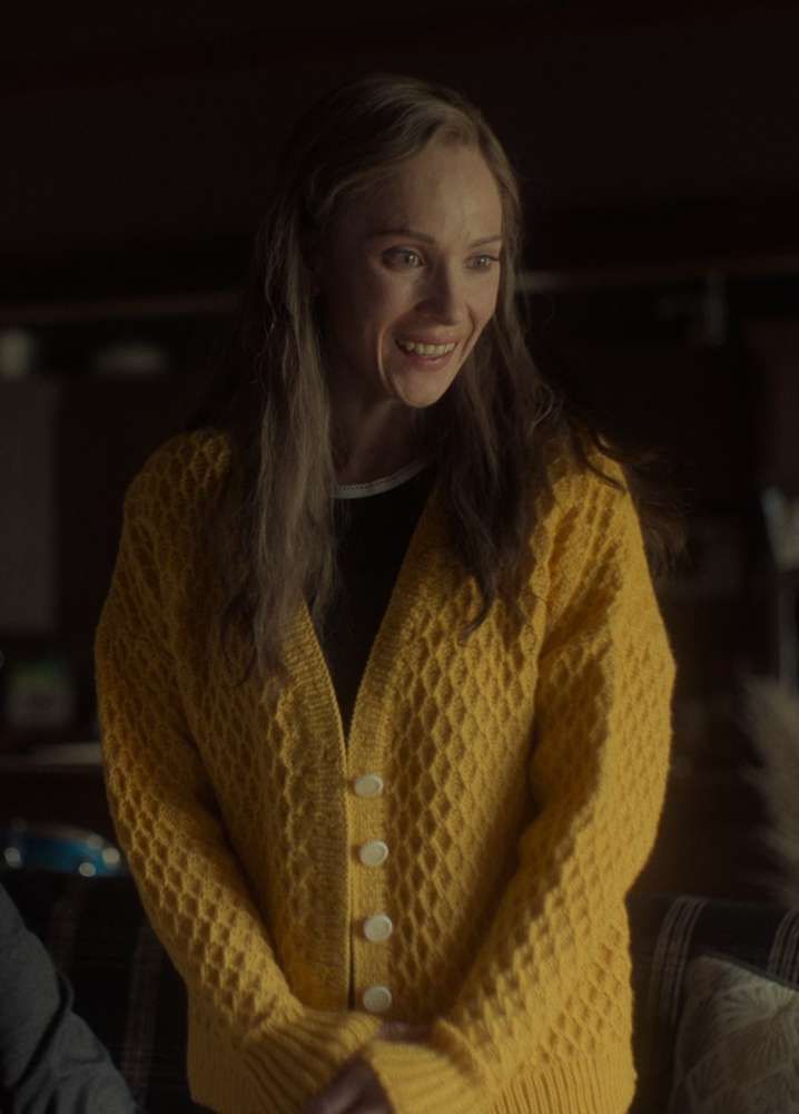 Mustard Yellow Textured Knit Cardigan with Large Buttons Worn by Juno Temple as Dorothy "Dot" Lyon / Nadine Bump