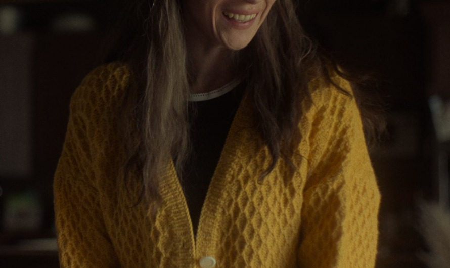 Mustard Yellow Textured Knit Cardigan with Large Buttons Worn by Juno Temple as Dorothy “Dot” Lyon / Nadine Bump