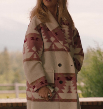 Worn on Yellowstone TV Show - Cream-Colored Geometric Patterned Coat of Kelly Reilly as Bethany "Beth" Dutton