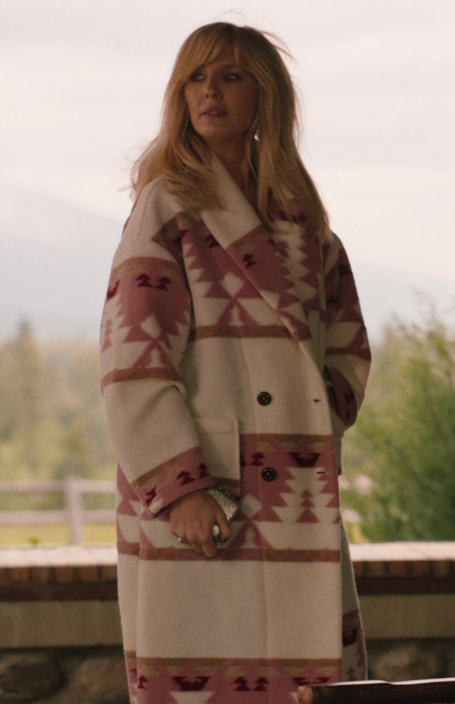 cream-colored geometric patterned coat - Kelly Reilly (Bethany "Beth" Dutton) - Yellowstone TV Show
