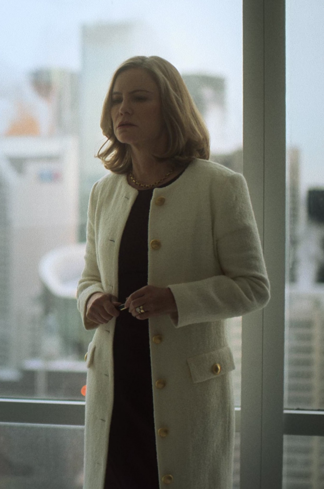 Wool Coat with Large Gold Buttons and Pockets Worn by Jennifer Jason Leigh As Lorraine Lyon from Fargo TV Show