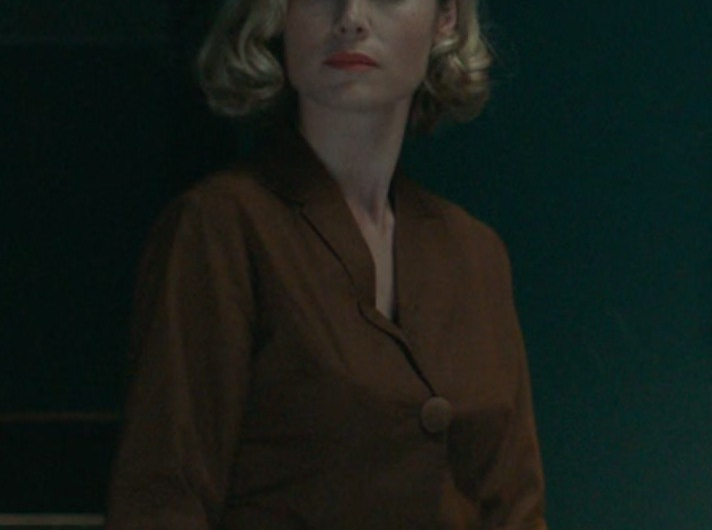 Vintage-Inspired Brown Button-Up Blouse with Collar of Brie Larson as Elizabeth Zott