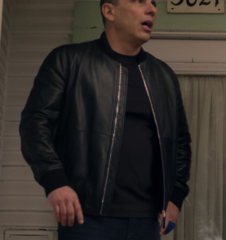 Worn on Bookie TV Show - Black Leather Bomber Jacket Worn by Sebastian Maniscalco as Danny