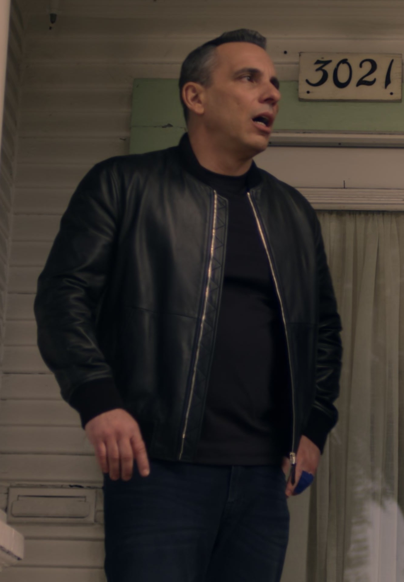Worn on Bookie TV Show - Black Leather Bomber Jacket Worn by Sebastian Maniscalco as Danny
