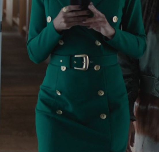 Emerald Green Double-Breasted Blazer Dress with Gold Button Detail Worn by Dominique Tipper as Brenda Holland