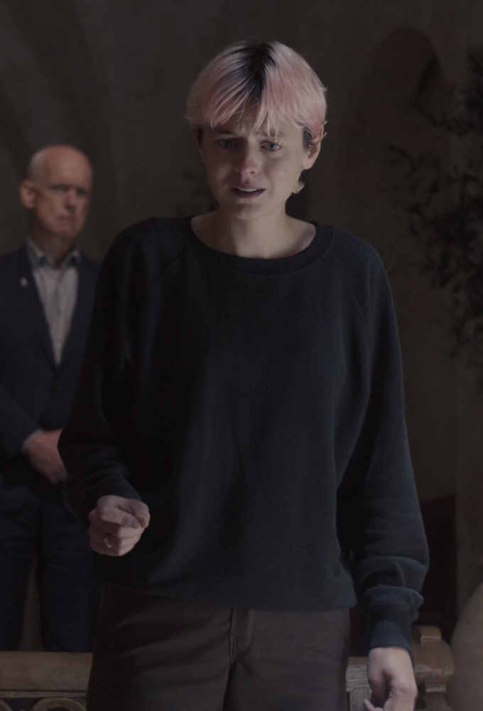 Minimalist Black Pullover Sweatshirt Worn by Emma Corrin as Darby Hart from A Murder at the End of the World TV Show