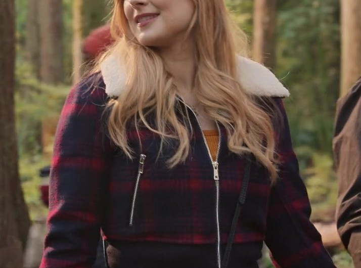 Plaid Wool Blend Jacket with Sherpa Collar Worn by Alexandra Breckenridge as Mel Monroe