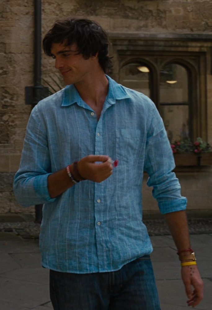 blue lightweight linen button-down shirt - Jacob Elordi (Felix Catton) - Saltburn (2023) Movie