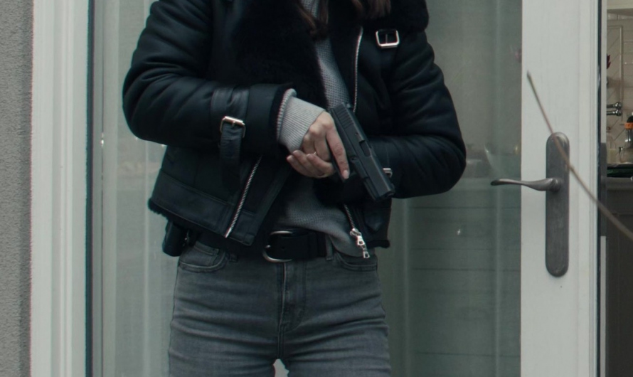 Black Cropped Faux Shearling Aviator Biker Jacket Worn by Serinda Swan as Karla Dixon