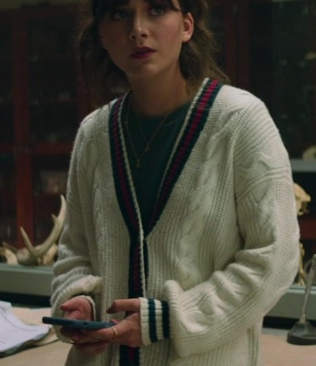 Cable Knit Cardigan with Striped Trim Worn by Emilia Jones as Margot