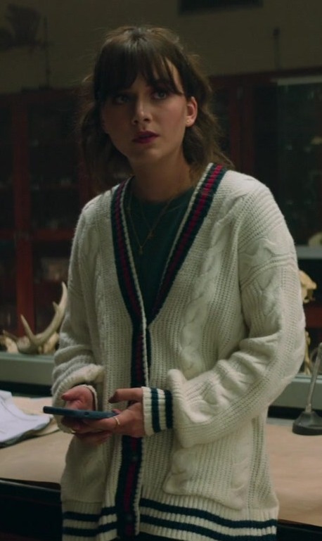 Worn on Cat Person (2023) Movie - Cable Knit Cardigan with Striped Trim Worn by Emilia Jones as Margot