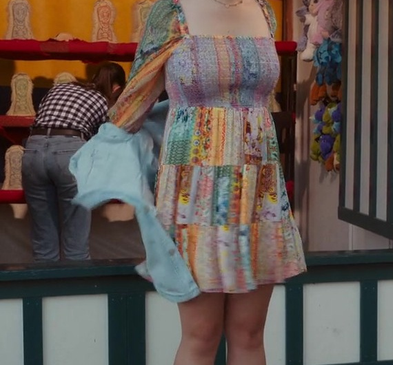 Colorful Boho Chic Patchwork Long Sleeve Short Dress Worn by Ellie O’Brien as Grace