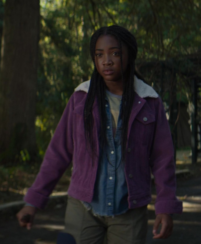 Purple Corduroy Button-Up Jacket with Sherpa Collar Worn by Leah Jeffries as Annabeth Chase