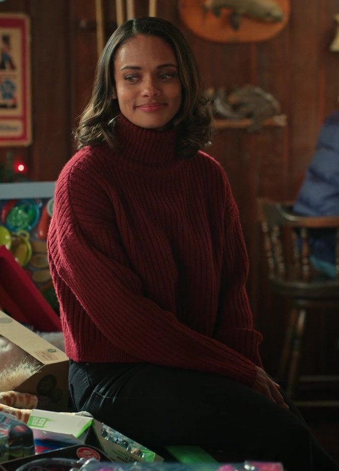 Worn on Virgin River TV Show - Red Oversized Crop Knit Turtleneck Sweater Worn by Kandyse McClure as Kaia