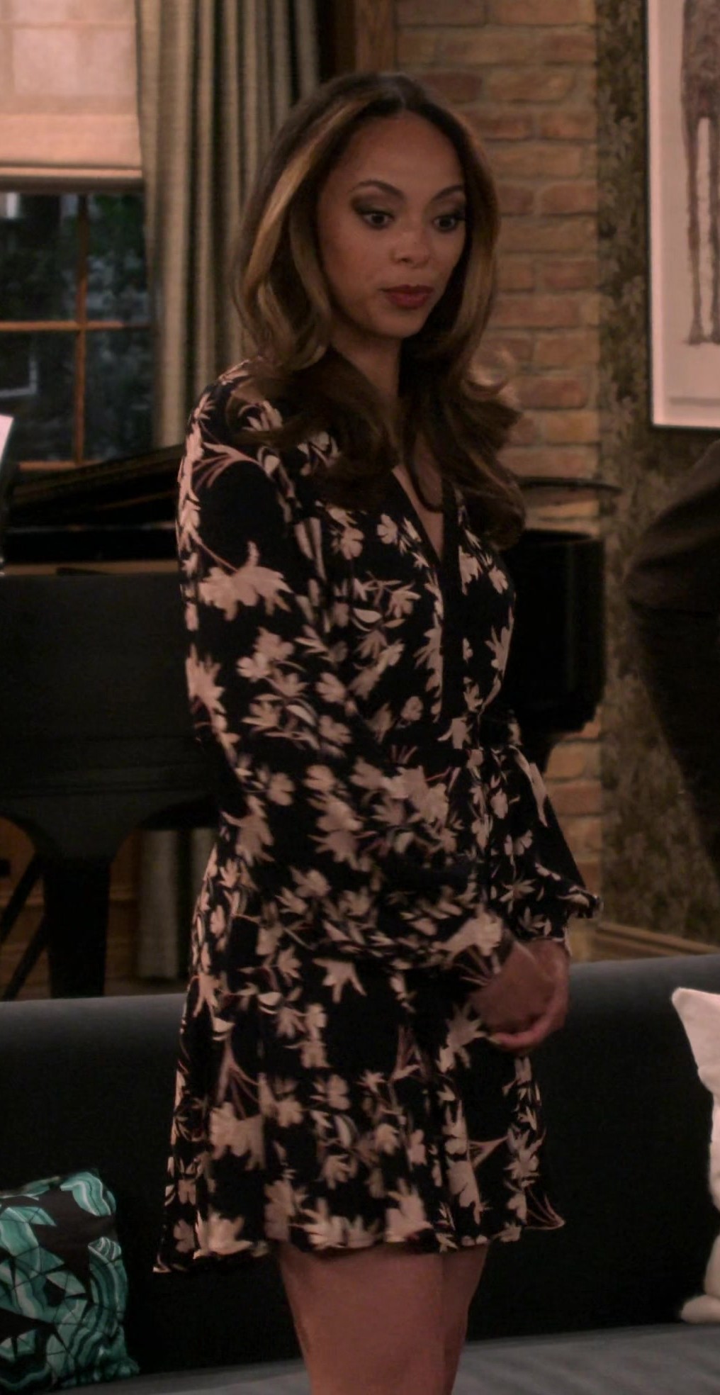 Worn on Frasier TV Show - Floral Print Black Long Sleeve Mini Dress Worn by Amber Stevens West as Nicole