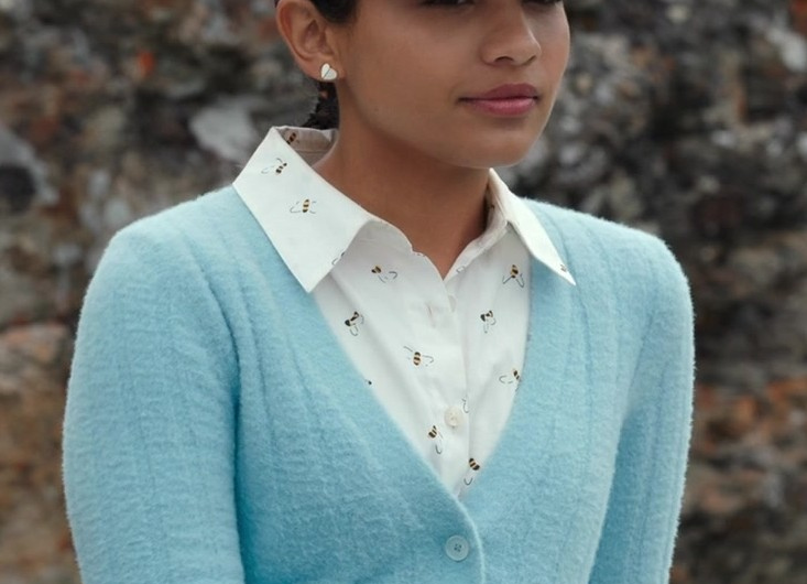 Pastel Blue Plush Button-Up Cardigan of Nikki Rodriguez as Jackie Howard