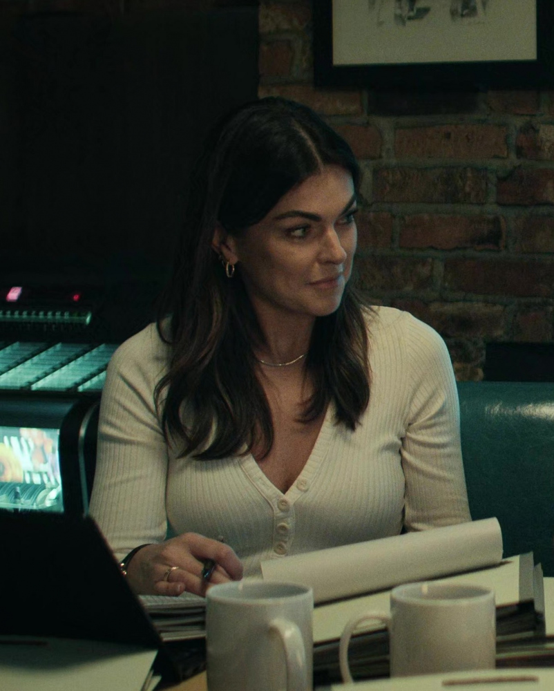 White Rib-Knit Button-Up Top Worn by Serinda Swan as Karla Dixon from Reacher TV Show