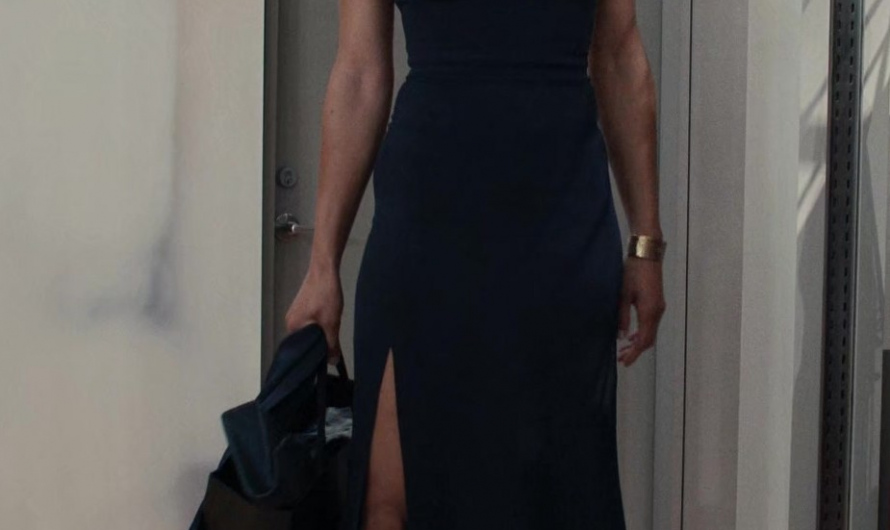 Sleeveless Navy Sheath Dress with Slit Worn by Maria Sten as Frances Neagley