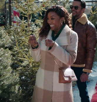 Worn on Best. Christmas. Ever! (2023) Movie - Checkered Wool Blend Camel Coat Worn by Brandy Norwood as Jackie Jennings