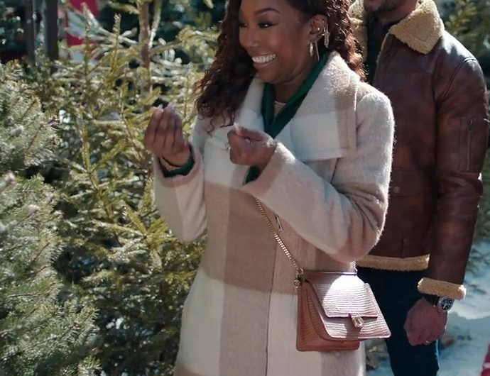 Checkered Wool Blend Camel Coat Worn by Brandy Norwood as Jackie Jennings