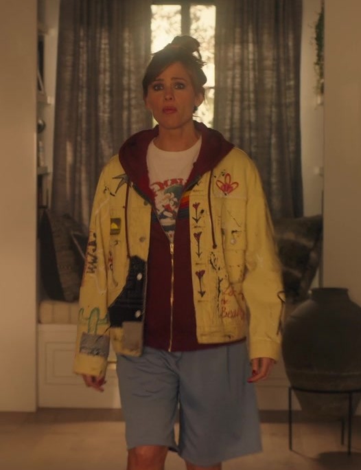 Worn on Family Switch (2023) Movie - Yellow Jacket with Eclectic Patches and Artwork Worn by Jennifer Garner as Jess