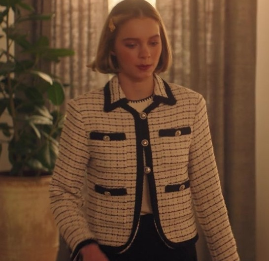 Chic Tweed Jacket with Contrast Trim and Pocket Detail Worn by Emma Myers as CC