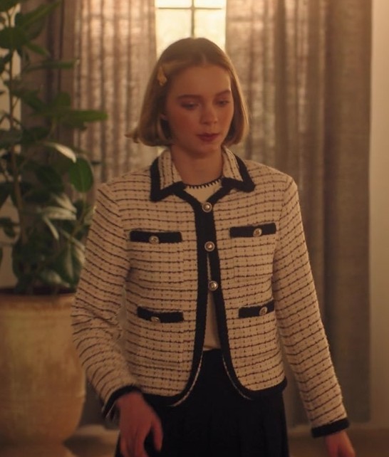 Worn on Family Switch (2023) Movie - Chic Tweed Jacket with Contrast Trim and Pocket Detail Worn by Emma Myers as CC