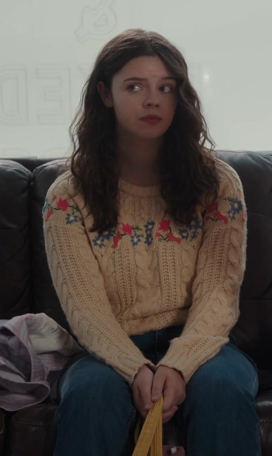 Beige Sweater with Colorful Embroidered Flowers Worn by Ellie O'Brien as Grace